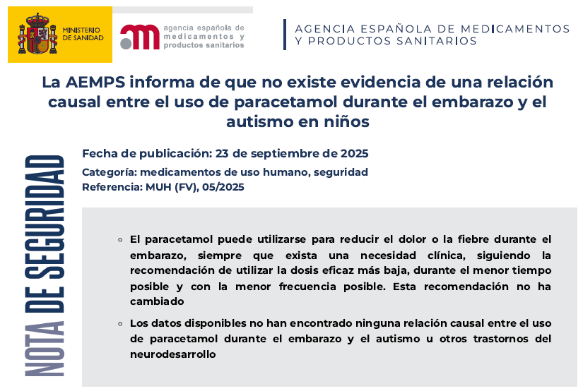 NOTA SEGURIDAD AEMPS-USO PARACETAMOL EN EMBARAZO