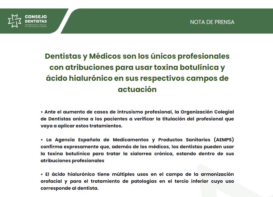 DENTISTAS Y MDICOS SON LOS NICOS PROFESIONALES CON ATRIBUCIONES PARA USAR TOXINA BOTULNICA Y CIDO HIALURNICO EN SUS RESPECTIVOS CAMPOS DE ACTUACIN